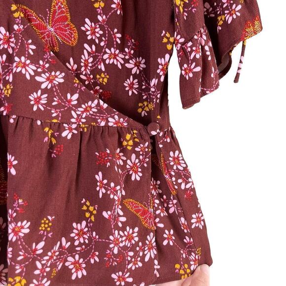 Madewell Tie-Sleeve‎ Wrap Top in Maroon Floral Butterfly Sanctuary Print, Size 2 - Picture 8 of 15